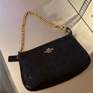 COACH Black Patent Wristlet with Gold Chain Strap